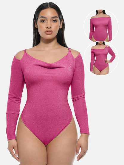 Shiny Draped-Neck All-in-One Shapewear Bodysuit