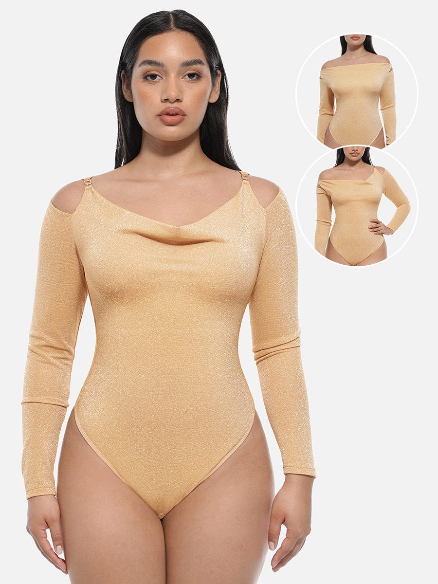 Shiny Draped-Neck All-in-One Shapewear Bodysuit