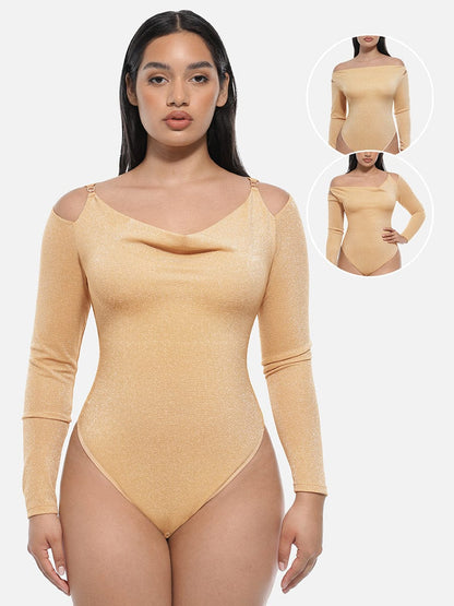 Shiny Draped-Neck All-in-One Shapewear Bodysuit