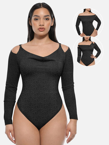 Shiny Draped-Neck All-in-One Shapewear Bodysuit