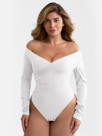 V-Neck Pleated Tummy Control Bodysuit