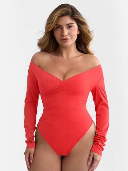 V-Neck Pleated Tummy Control Bodysuit