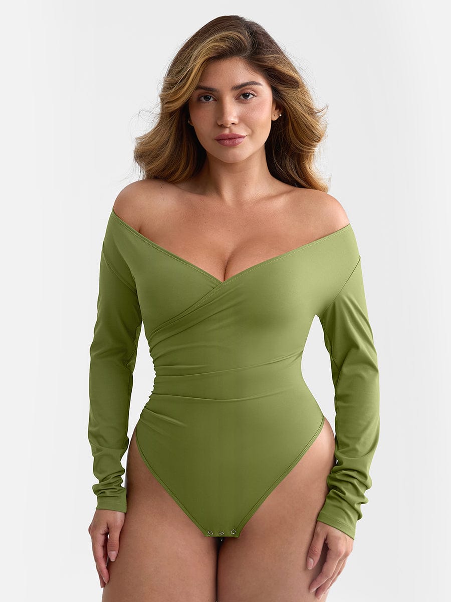 V-Neck Pleated Tummy Control Bodysuit