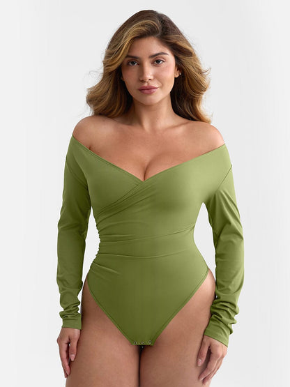 V-Neck Pleated Tummy Control Bodysuit