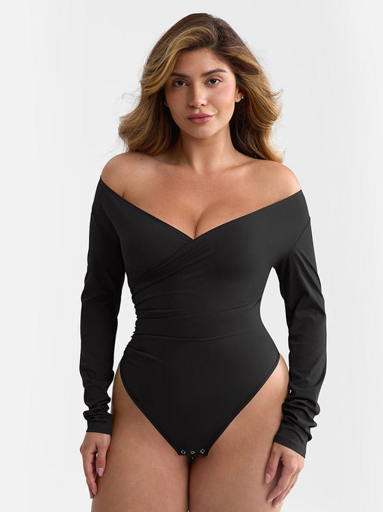V-Neck Pleated Tummy Control Bodysuit