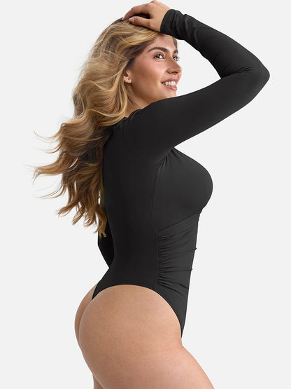 V-Neck Pleated Tummy Control Bodysuit