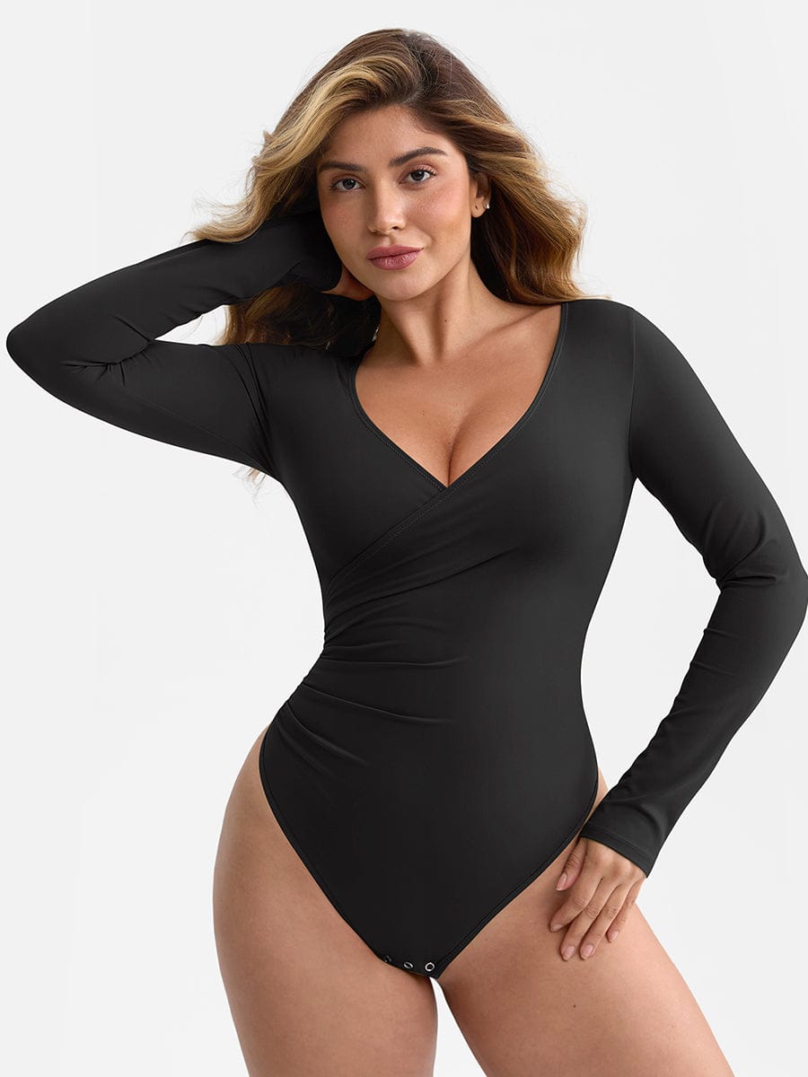 V-Neck Pleated Tummy Control Bodysuit
