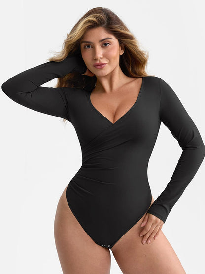 V-Neck Pleated Tummy Control Bodysuit
