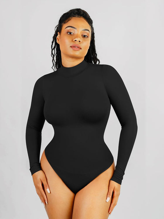 Eco-Friendly Seamless Turtleneck Long-Sleeve Thong Bodysuit