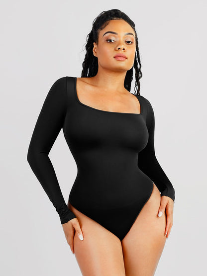 Eco-Friendly Seamless Square-Neck Waist Control Thong Bodysuit