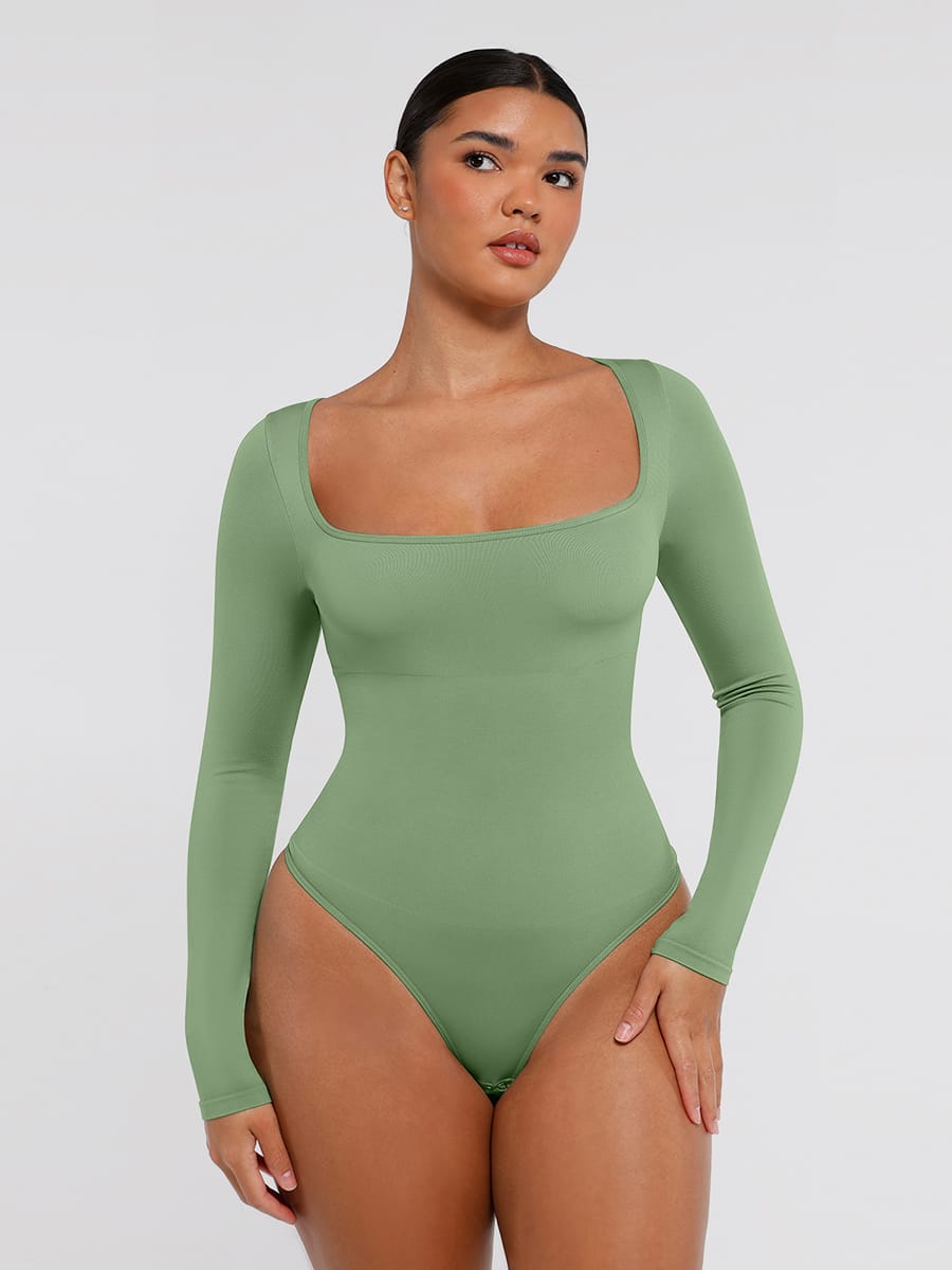 Eco-Friendly Seamless Square-Neck Waist Control Thong Bodysuit