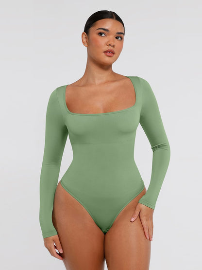 Eco-Friendly Seamless Square-Neck Waist Control Thong Bodysuit