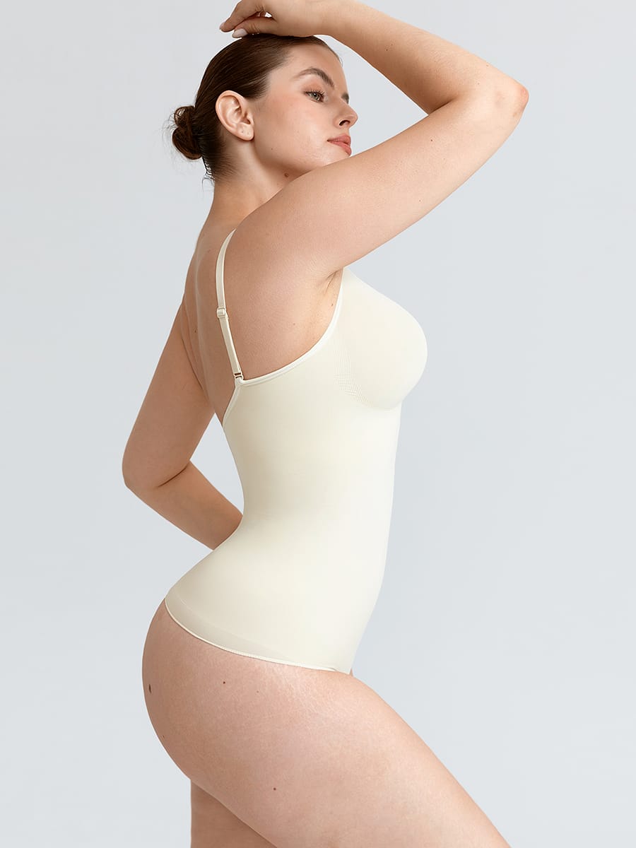 Seamless V-Neck Ruched Bust Tummy Control Bodysuit