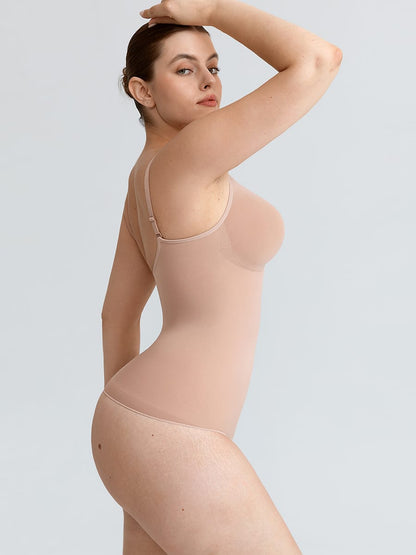 Seamless V-Neck Ruched Bust Tummy Control Bodysuit