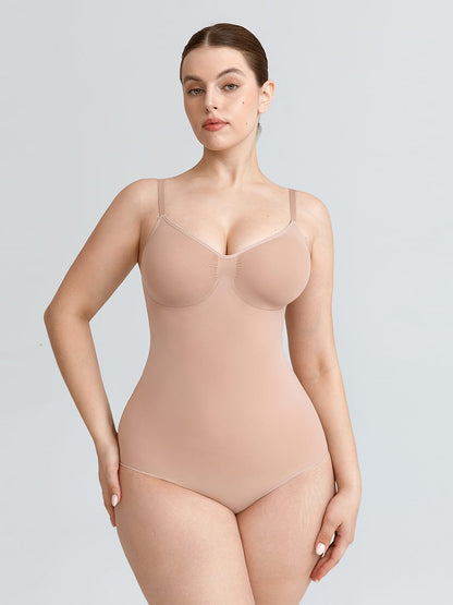 Seamless V-Neck Ruched Bust Tummy Control Bodysuit