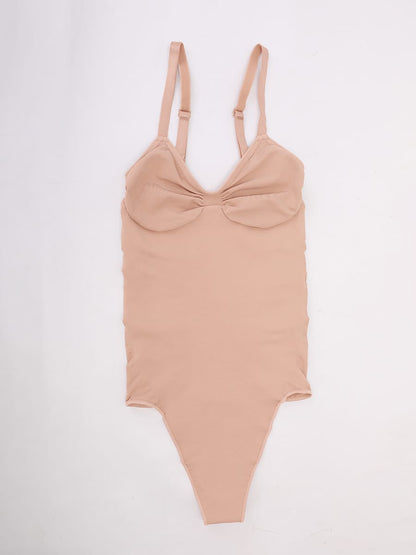 Seamless V-Neck Ruched Bust Tummy Control Bodysuit