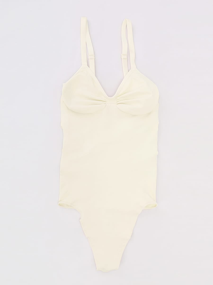 Seamless V-Neck Ruched Bust Tummy Control Bodysuit