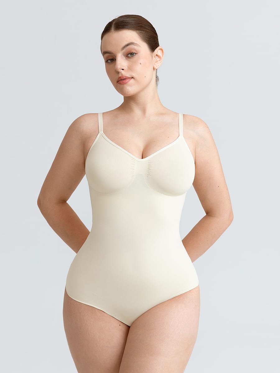 Seamless V-Neck Ruched Bust Tummy Control Bodysuit