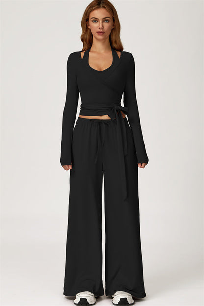 The Sprint Long Sleeve Crop Top Halter Tank Top Sweatpants 3-Piece Set