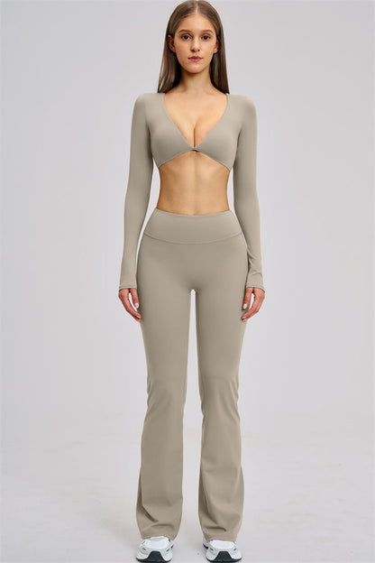 The Zestful Long Sleeve Crop Top Flared Leggings 2-Piece Set