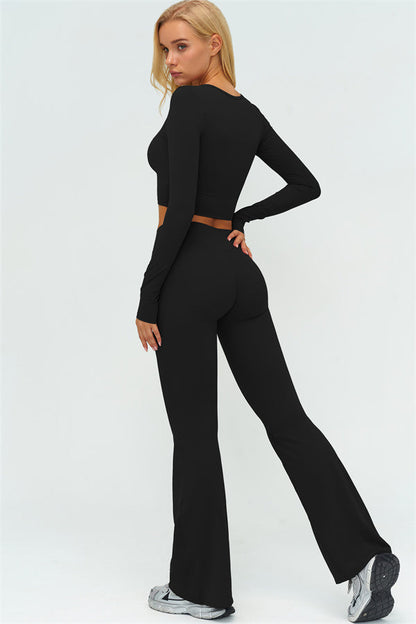 The Lushness Long Sleeve Crop Top Flared Leggings 2-Piece Set