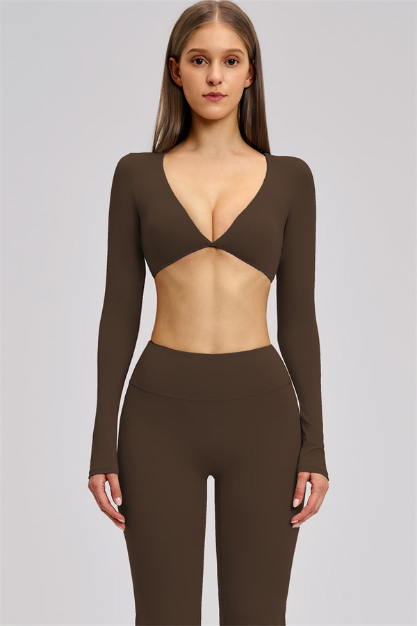 The Zestful Long Sleeve Crop Top Flared Leggings 2-Piece Set