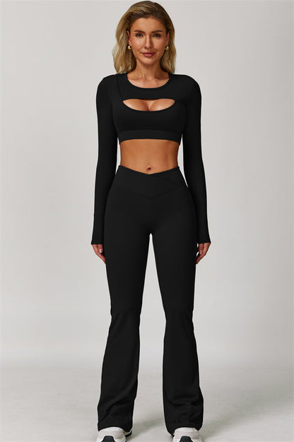 The Lavish Long Sleeve Cut-out Crop Top Flared Leggings 2-Piece Set
