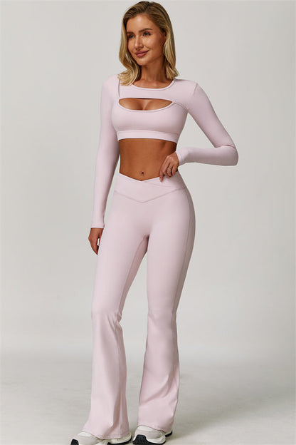 The Lavish Long Sleeve Cut-out Crop Top Flared Leggings 2-Piece Set