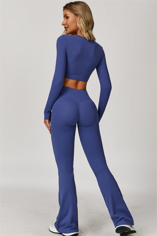 The Lavish Long Sleeve Cut-out Crop Top Flared Leggings 2-Piece Set