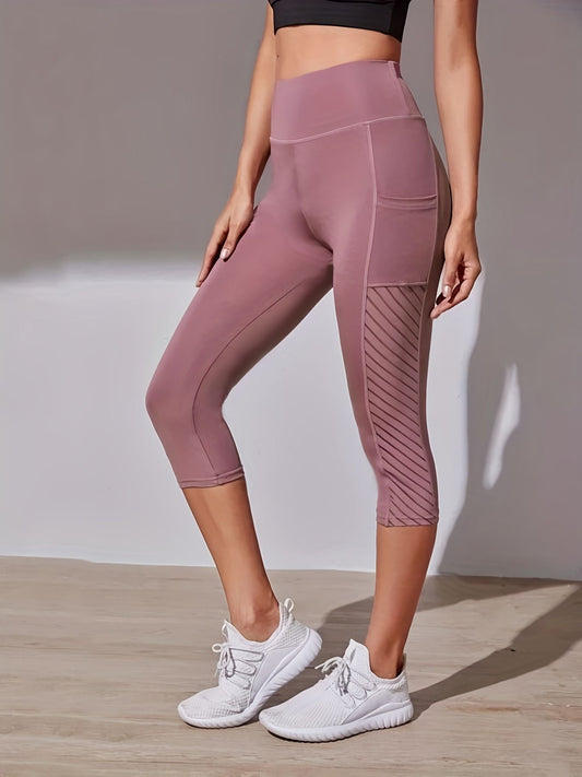 High Waist Yoga Capri Pants, Tummy Control Sports Legging Capri For Women With Out Pockets And Mesh Design