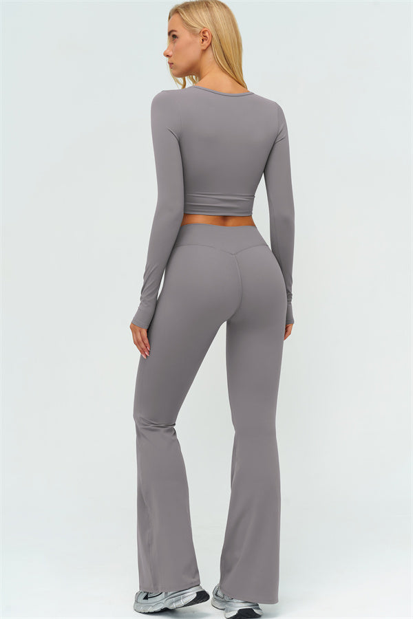 The Lushness Long Sleeve Crop Top Flared Leggings 2-Piece Set