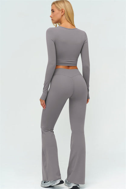 The Lushness Long Sleeve Crop Top Flared Leggings 2-Piece Set