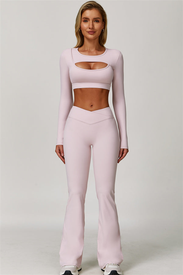 The Lavish Long Sleeve Cut-out Crop Top Flared Leggings 2-Piece Set