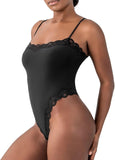 Women’s Lace Thong Bodysuit – Sexy Square Neck, Spaghetti Strap, Backless Cami Top