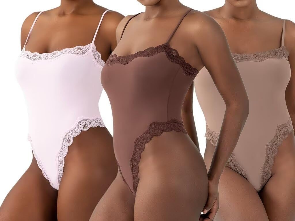 Women’s Lace Thong Bodysuit – Sexy Square Neck, Spaghetti Strap, Backless Cami Top
