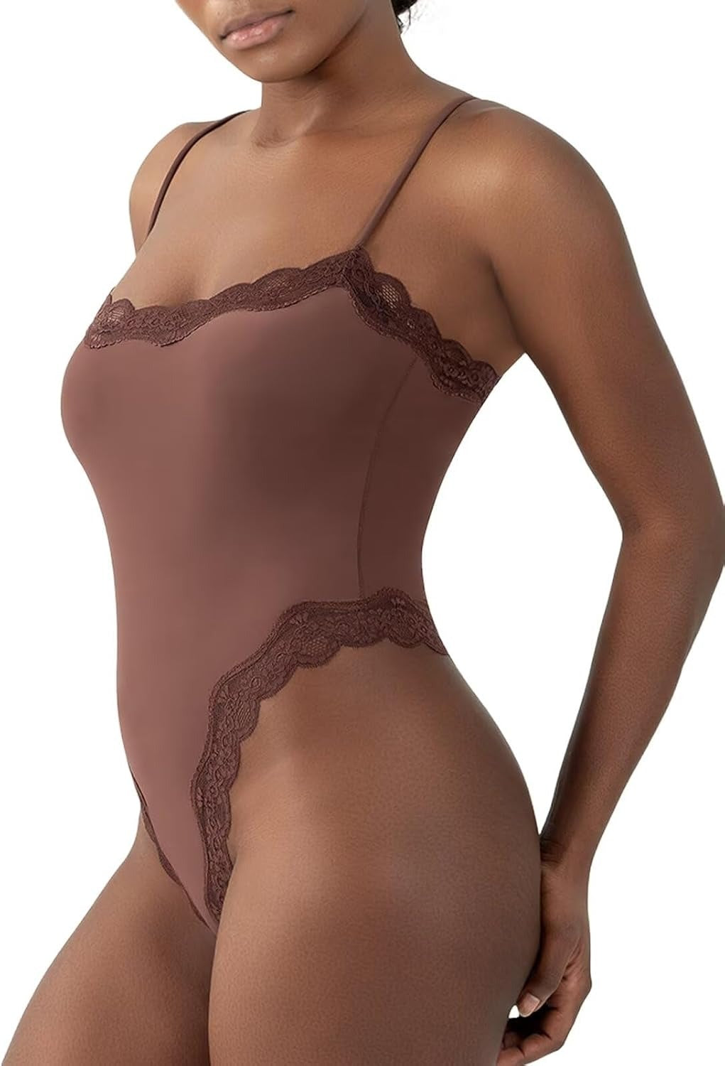Women’s Lace Thong Bodysuit – Sexy Square Neck, Spaghetti Strap, Backless Cami Top