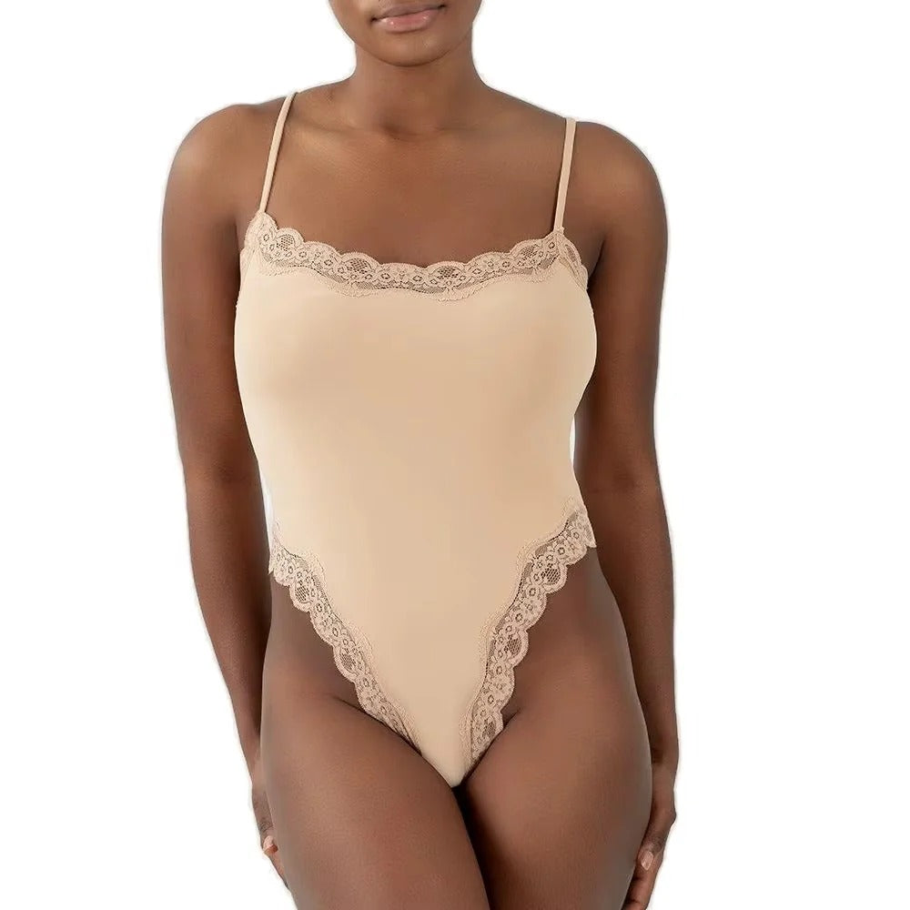 Women’s Lace Thong Bodysuit – Sexy Square Neck, Spaghetti Strap, Backless Cami Top