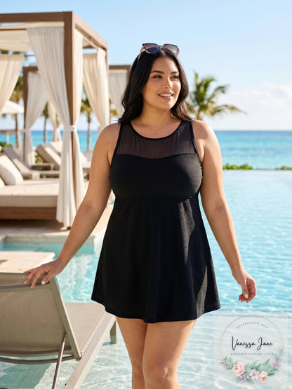 Swim Solutions Plus Size Mesh-Trim Tummy-Control Swimdress, Size 22W