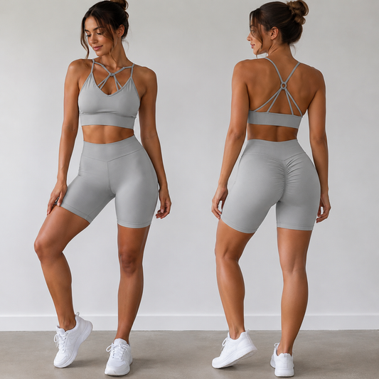 Women’s V-Back Sports Bra Set with High-Waist Shorts