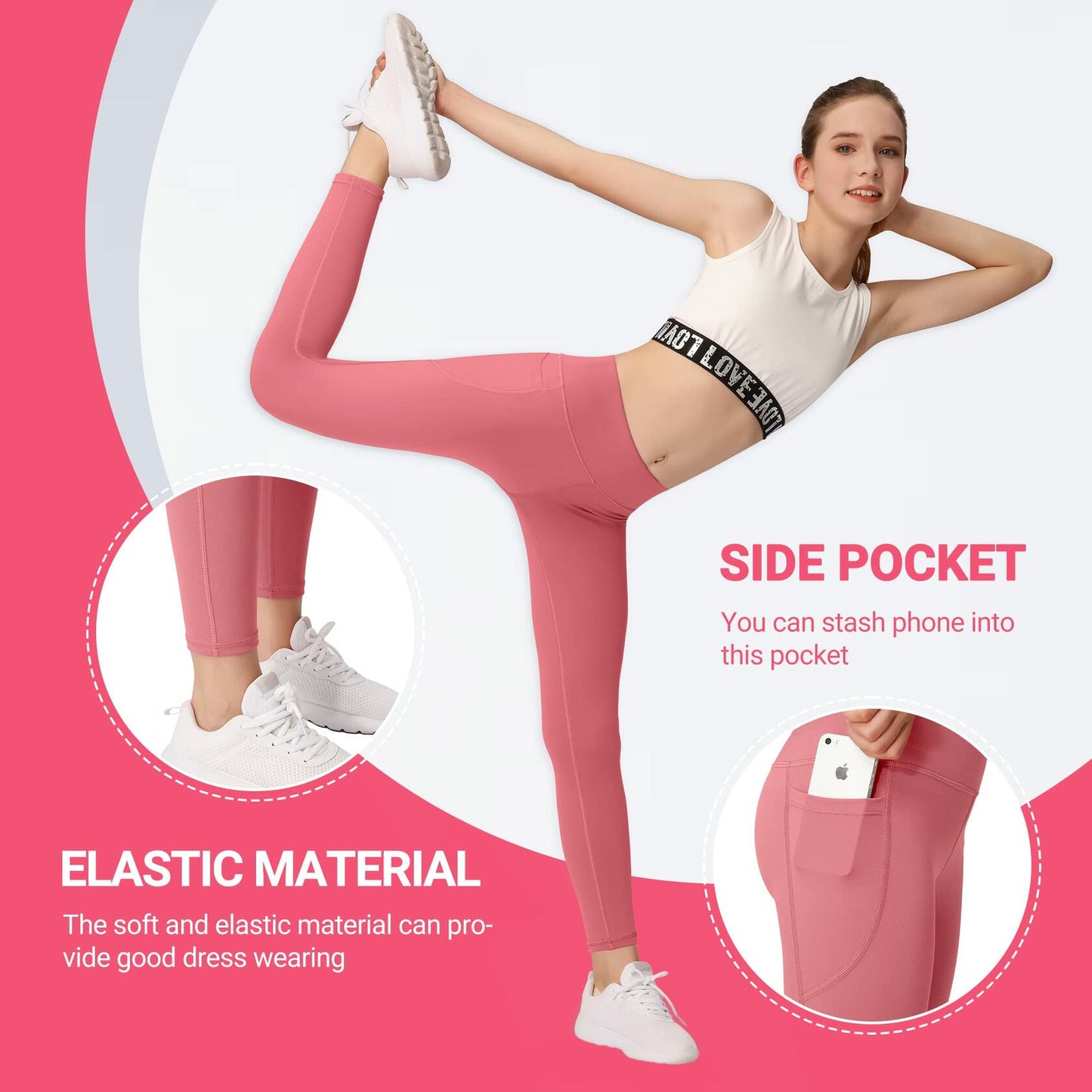 BHRIWRPY 4-Pack Girls Yoga Leggings with 2 Pockets Kids Active Workout Pants