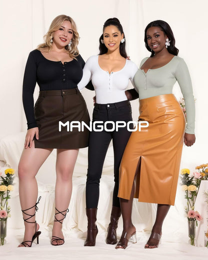 MANGOPOP Long Sleeve Ribbed Bodysuit Tummy Control Henley Scoop Neck Size S