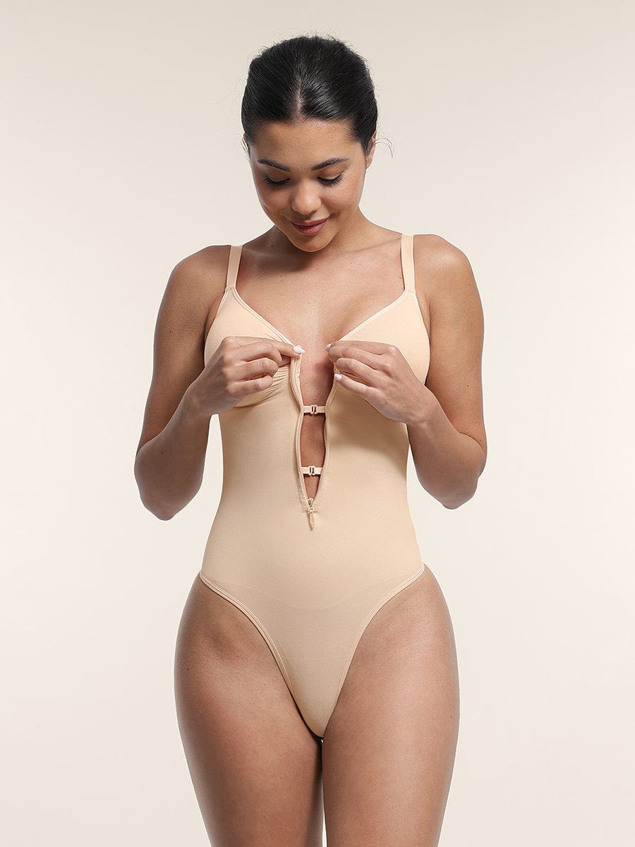 Seamless Plunge Bust Support Bodysuit with Inner Clips