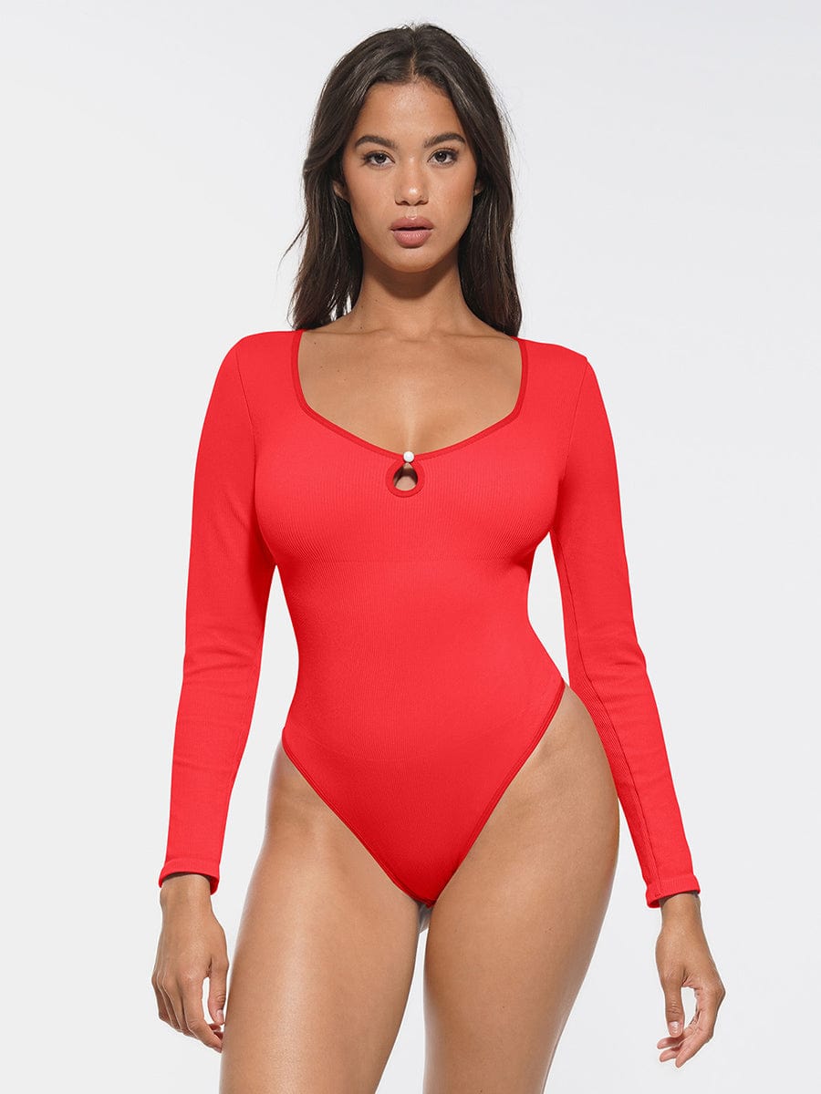 Seamless Ribbed Scoop-Neck Tummy Control Thong Bodysuit