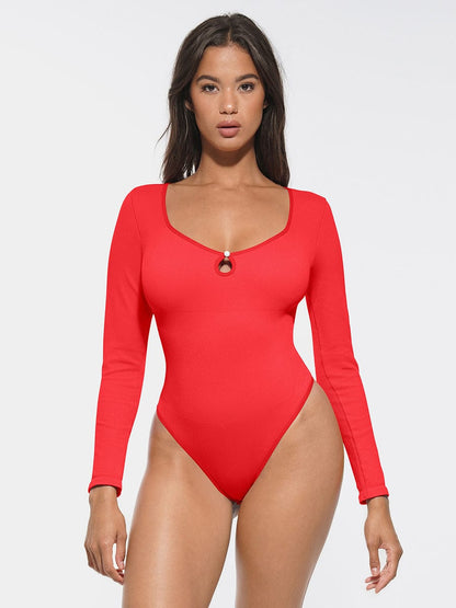 Seamless Ribbed Scoop-Neck Tummy Control Thong Bodysuit