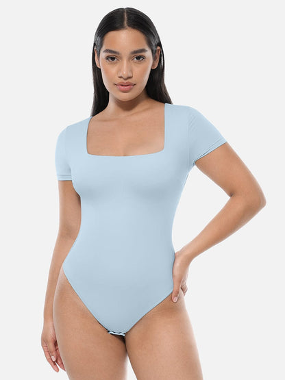 Square-Neck Short-Sleeve Tummy Control Bodysuit