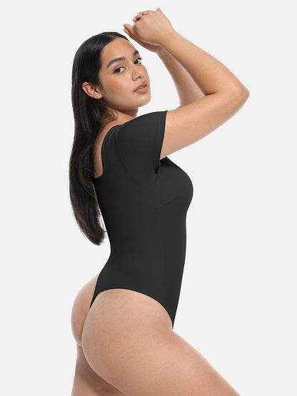Square-Neck Short-Sleeve Tummy Control Bodysuit