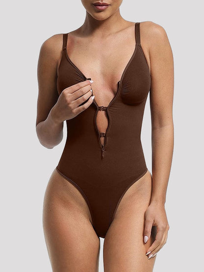 Seamless Plunge Bust Support Bodysuit with Inner Clips