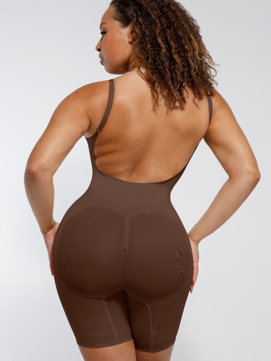Seamless Covered-Bust Open-Back Boxer Bodysuit