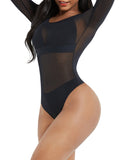 Wholesale Black Long Sleeves Mesh Thong Bodysuit Shapewear Flatten Tummy