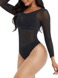 Wholesale Black Long Sleeves Mesh Thong Bodysuit Shapewear Flatten Tummy